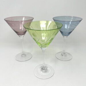 Set of 3 Martini Glasses Pale Purple Blue and Lime Etched Design Fun!